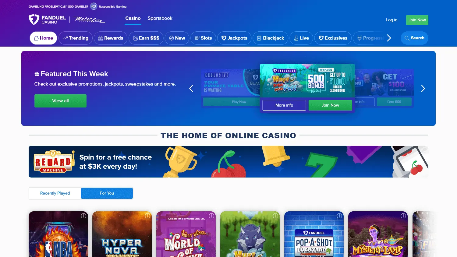 FanDuel Casino desktop games lobby with casino categories and titles