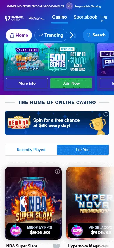 FanDuel Casino mobile home experience with casino features
