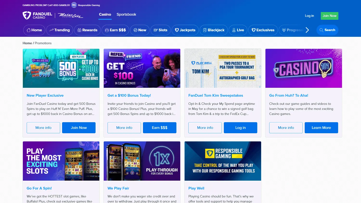 FanDuel Casino desktop promotions area with casino offers